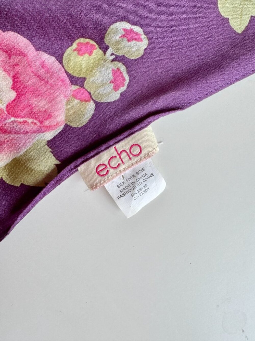 Vintage ECHO Purple Pink Floral Print Silk Charmeuse 59" x 9.5" Rectangle Scarf - Picture 9 of 9